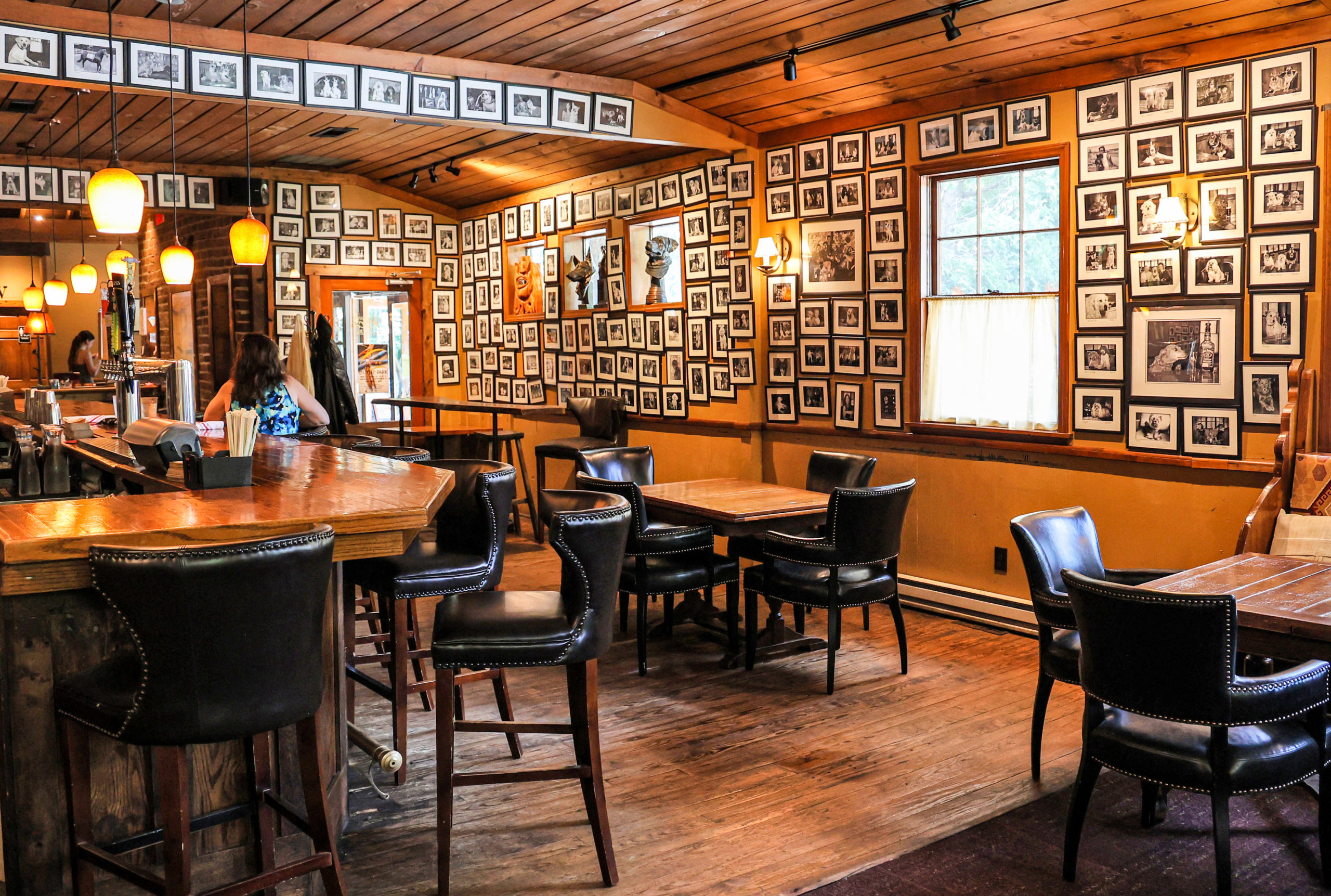 Black and white pet portraits fill the walls at a cozy restaurant bar.