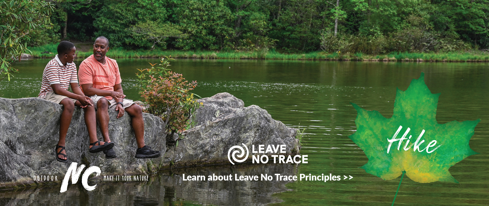 Man and son hiking at Price Lake. Click to learn about Leave No Trace Principles