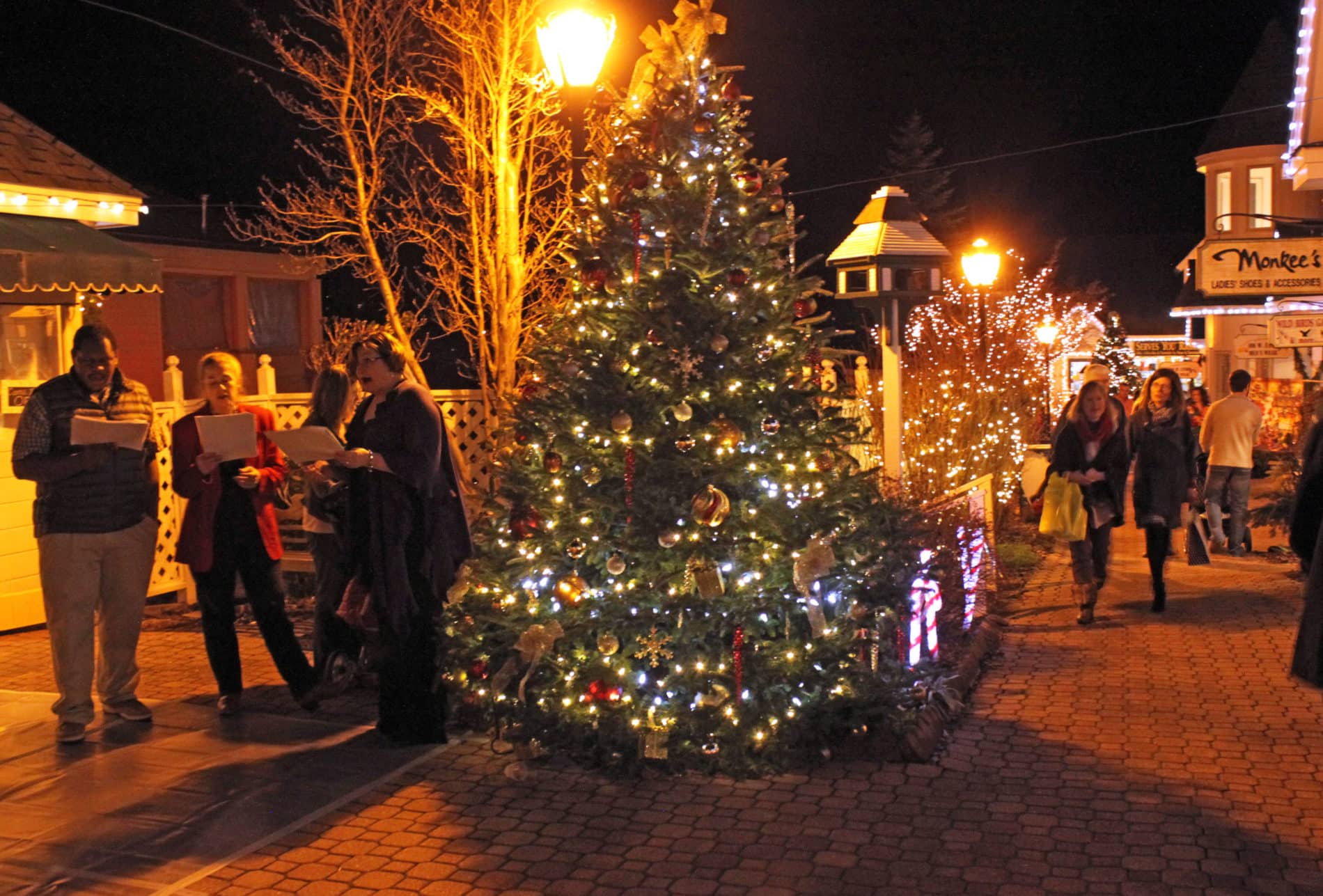 Carolers around a christmas tree, holiday shopping and more in a lighted, decorated village in Blowing Rock.