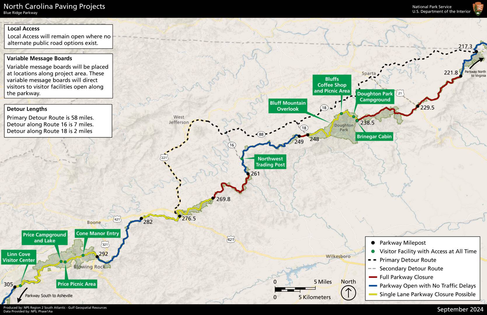 Simple road map showing color-coded zones for closure areas, and a detour along secondary routes.