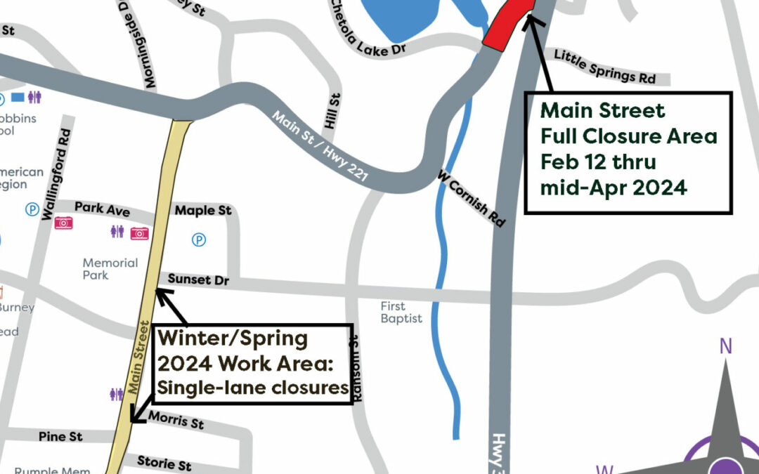 cropped Image of map indicating construction zones on Main Street for spring 2024