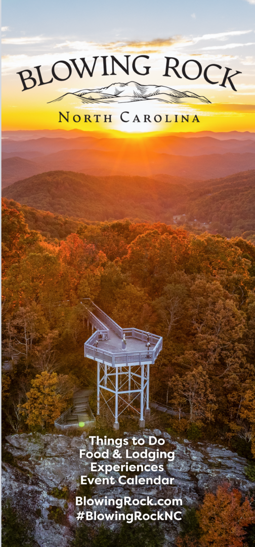 The cover of the current visitor guide reads "Blowing Rock, North Carolina" and shows a sunset view over mountains, with an observation deck.